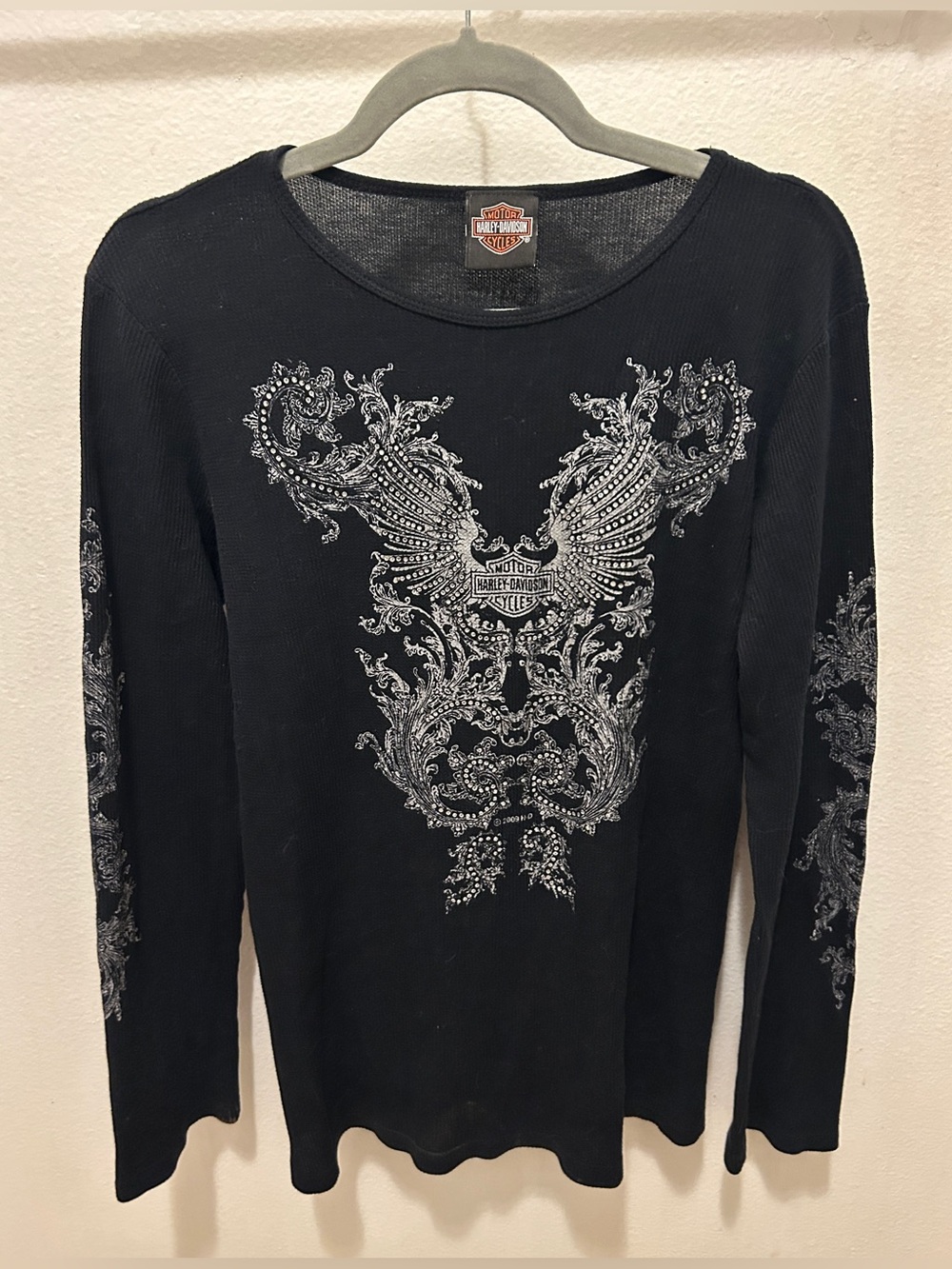 🔥RARE VTG Y2K HARLEY DAVIDSON Rhinestone Winged Thermal Top Vintage Biker🔥